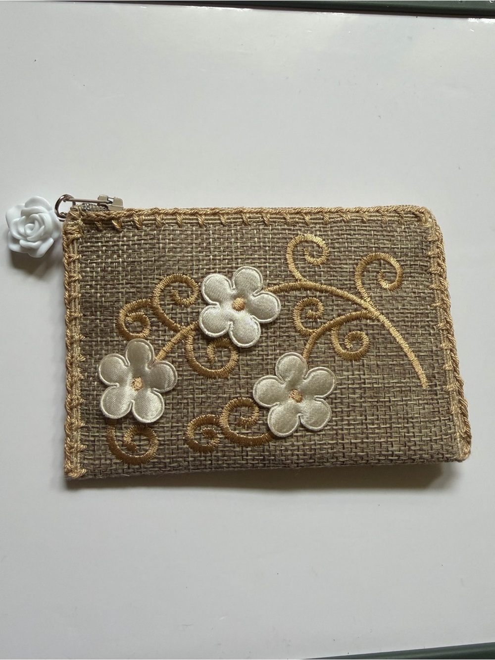 NEW Jute Linen Floral Zipper Wallet - Natural Beige with White Flowers